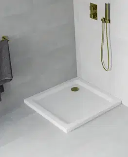 Vane MEXEN/S - Flat sprchová vanička štvorcová slim 70 x 70, biela + zlatý sifón 40107070G