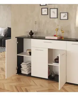 Komody KONDELA Lunia štvordverová komoda so zásuvkou čierna / biela