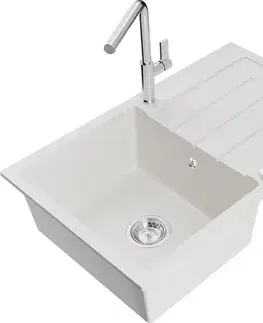 Kuchynské drezy MEXEN/S MEXEN/S - Bruno granitový drez 1 s odkvapkávačom vrátane batérie Flora, biela 6513-20-670401-00