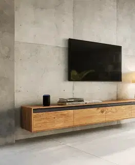 Televízne stolíky DELIFE Dizajnový TV stolík Stonegrace 240 cm akácia prírodná bridlica 4 dvierka závesný