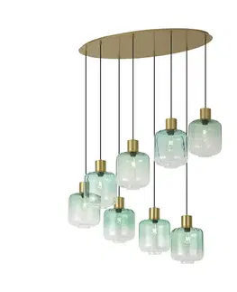 Závesné svietidlá Hotelová elegantná závesná lampa mosadzná s modrým a zeleným sklom 8-svetiel - Qara
