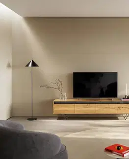Televízne stolíky DELIFE Dizajnový TV stolík Stonegrace 200 cm dub prírodná bridlica 4 zásuvky podstava v tvare V kov čierna