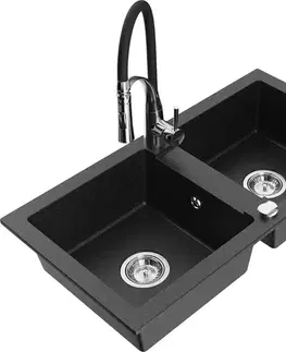 Kuchynské drezy MEXEN/S MEXEN/S - Mario granitový drez 2-bowl vrátane batérie Aster, čierna/strieborná metalík 6504-73-73450-07