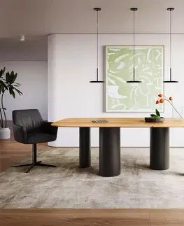 Jedálenské stoly DELIFE Jedálenský stôl Edge oválny 240x120x2,5-3 dub prírodný kovová podstava čierna švajčiarska hrana