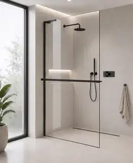 Sprchové dvere CERANO - Sprchová zástena Walk-in Onyx L-ľavá vzpera - 8 mm + polička/držiak na uteráky - čierna matná, transparentné sklo - 160x200 CER-8050BD810