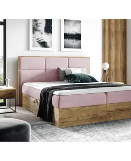 Postele KONDELA Wood 2 boxspringová manželská posteľ ružová / dub lancelot