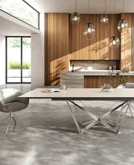 Jedálenské stoly DELIFE Jedálenský stôl Edge 200-300x100 keramika Laminam® Travertino Bianco krémovo biela Spider plochá oceľ nerezová oceľ rozkladací