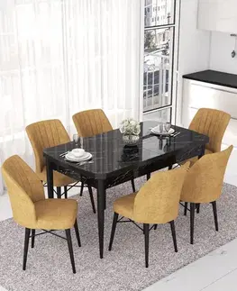 Jedálenské sety Extendable Dining Table & Chairs Set (7 Pieces) Nef - Black Marble, Cappuccino