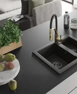 Kuchynské drezy MEXEN/S MEXEN/S - Carlos granitový drez 1.5 vrátane batérie Aster, čierna/zlatá metalik 6518-75-73450-57-B