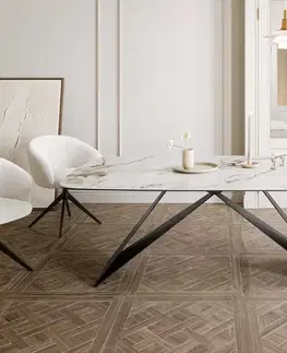 Jedálenské stoly DELIFE Jedálenský stôl Edge oválny 200x100 keramika Calacatta Luxe bielo-zlato-šedá podstava v tvare V plochá oceľ čierna