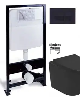 Závesné wc sety PRIM predstenový inštalačný systém s čiernym tlačidlom 20/0044 + WC REA CARLO MINI RIMLESS ČIERNY MAT + SEDADLO PRIM_20/0026 44 MM1