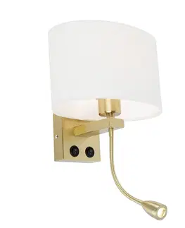 Lampy Nástenná lampa mosadz s oválnym ľanovým tienidlom bielym 25 cm - Brescia Combi