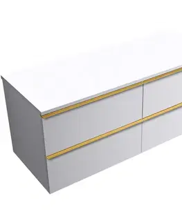 Kúpeľňový nábytok CERANO - Kúpeľňová skrinka Velora - biela matná, úchytka zlatá + doska pod umývadlo Navira Slim - 18 mm - 140x54,8x46,5 CER-665185
