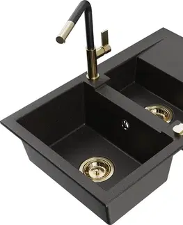 Kuchynské drezy MEXEN/S MEXEN/S - Gaspar granitový drez 1.5 s odkvapkávačom vrátane batérie Flora, čierna/zlatá 6507-75-670401-57-G