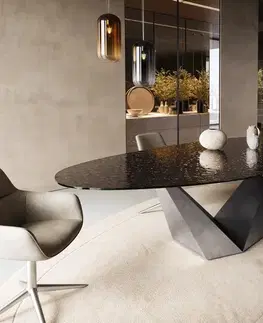 Jedálenské stoly DELIFE Jedálenský stôl Edge oválny 280x130 reliéfne sklo dymovo čierna 3D dizajn Prisma metalická strieborná