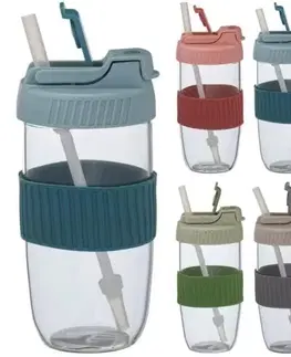 Hrnčeky a šálky Kinekus Pohár na vodu 500 ml s viečkom so slamkou, sklenený, mix farieb