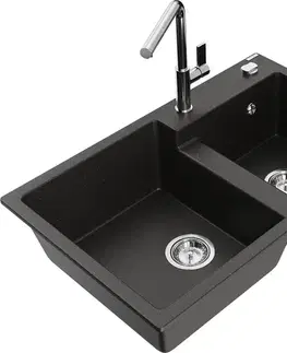 Kuchynské drezy MEXEN/S MEXEN/S - Tomas granitový drez 2-bowl vrátane batérie Flora, čierna/zlatá metalik 6516-75-670401-00