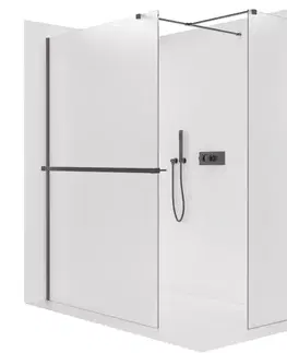 Držadlá k vani CERANO - Sprchová zástěna Walk-in Onyx T L/P - 8 mm - hranatá vzpěra + polička/držák na ručníky - černá matná, mléčné sklo - 100x60x200  CER-8050BD4033