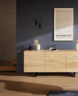 Komody DELIFE Komoda Cuor 180 cm keramika Laminam® sabbia dubová farba 2 dvierka 3 zásuvky podstava závesná kov čierna