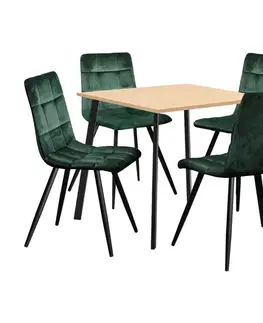Jedálenské sety Jedálenský stôl 80x80 BERGEN dub + 4 stoličky BERGEN zelený zamat