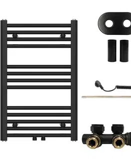 Doplnky do kúpeľne CERANO - Koupelnový radiátorový set Benito - kombinované vytápění, termo tyč - středové připojení 50 mm - 300W - černá matná - 700x450 mm CER-163041