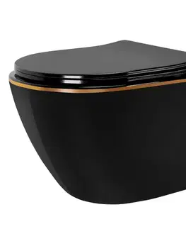 Záchody REA - Závesná WC misa vrátane sedátka Carlo Mini Flat čierna/zlatý prúžok + sedátko duraplast REA-C8800