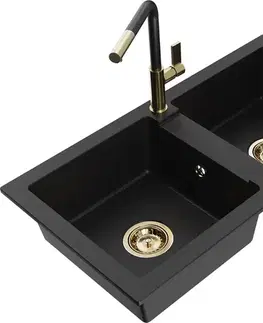 Kuchynské drezy MEXEN/S MEXEN/S - Mario granitový drez 2-bowl vrátane batérie Flora, čierna 6504-77-670401-57-G