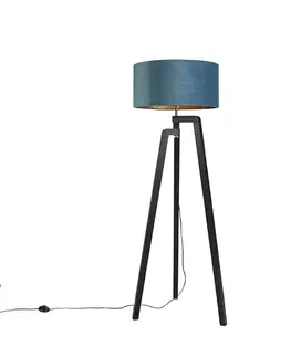 Stojace lampy Stojaca lampa trojnožka čierna s modrým tienidlom a zlatom 50 cm - Puros
