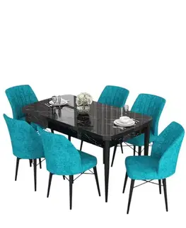 Jedálenské sety Extendable Dining Table & Chairs Set (7 Pieces) Eva - Black Marble, Turquoise