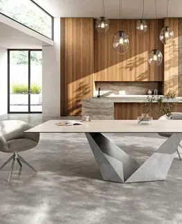 Jedálenské stoly DELIFE Jedálenský stôl Edge 300x100 keramika Laminam® Travertino Bianco krémovo bielo prisma metalická strieborná