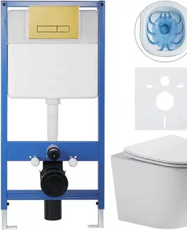 Záchody CERANO - Kompletný podomietkový WC set Lite/Cesso - biela lesklá - WC tlačidlo Slim, zlatá - predstenová inštalácia / sadrokartón - 49x36 CER-367254