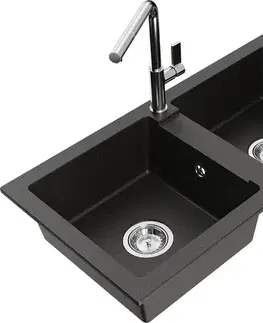 Kuchynské drezy MEXEN/S MEXEN/S - Mario granitový drez 2-bowl vrátane batérie Flora, čierna/zlatá metalik 6504-75-670401-00