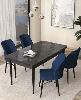 Jedálenské sety Dining Table & Chairs Set (5 Pieces) Arp - Black Marble, Navy Blue