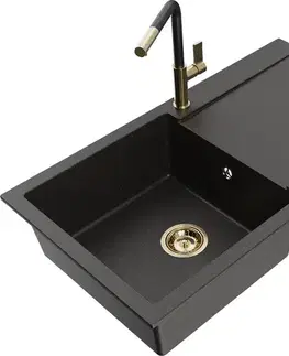 Kuchynské drezy MEXEN/S MEXEN/S - Leo granitový drez 1 s odkvapkávačom vrátane batérie Flora, čierna/zlatá metalik 6501-75-670401-57-G