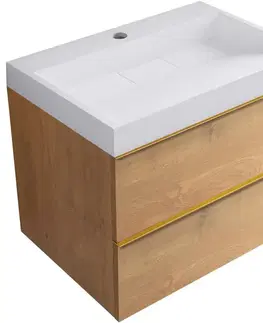Kúpeľňový nábytok CERANO - Kúpeľňová skrinka Velora - dub medový, úchytka zlatá + umývadlo z lit. mramoru s otvorom Vita - biela lesklá - 70x63x46,5 CER-8050BD83881