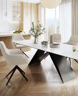 Jedálenské stoly DELIFE Jedálenský stôl Edge 300x100 cm keramika Laminam®Statuarietto biela podstava v tvare V čierna