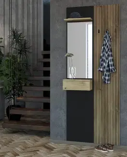 Vešiaky WALERIA 02 vešiakový panel s lamelami, čierny / dub Karlstad