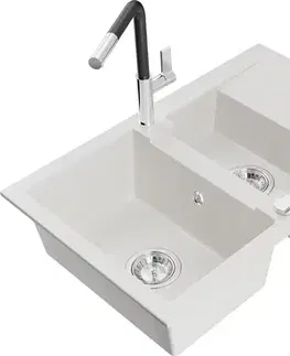 Kuchynské drezy MEXEN/S MEXEN/S - Gaspar granitový drez 1.5 s odkvapkávačom vrátane batérie Flora, biela 6507-20-670401-07