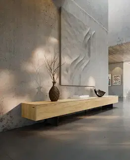 Televízne stolíky DELIFE TV stolík Cuor 250 cm keramika Laminam® Sabbia dubová farba 1 výklopné dvierka 1 zásuvka podstava závesná kov čierna