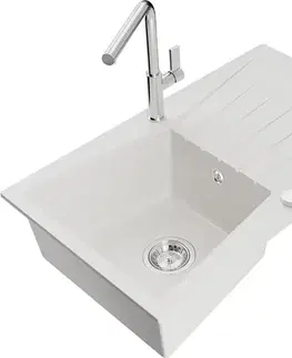 Kuchynské drezy MEXEN/S MEXEN/S - Cesar granitový drez 1-miska s odkvapkávačom vrátane batérie Flora, biela 6514-20-670401-00