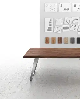 Jedálenské stoly DELIFE Jedálenský stôl Edge 200x100 XL akácia hnedá nerezová oceľ skosený Live-Edge