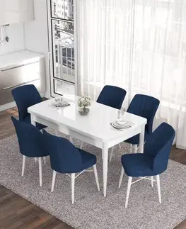 Jedálenské sety Extendable Dining Table & Chairs Set (7 Pieces) Eva - White, Navy Blue