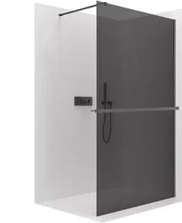 Držadlá k vani CERANO - Sprchová zástěna Walk-in Onyx Cube L/P - 8 mm + polička/držák na ručníky - hranatá vzpěra - černá matná, grafitové sklo - 60x200  CER-8050BD716