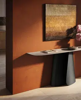 Konzolové stolíky DELIFE Konzolový stolík Edge zaoblený tvar 180×40 cm keramika Laminam® Travertino Bianco krémovo biela Livos kov čierna