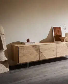 Televízne stolíky DELIFE TV stolík Tereos 220 cm dub prírodný 3D efekt 4 dvierka podstava závesná akrylové sklo