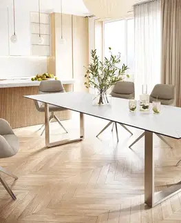 Jedálenské stoly DELIFE Jedálenský stôl Edge 300x100 keramika Laminam® Statuarietto biela nerezová oceľ úzky