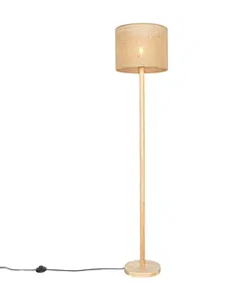 Stojace lampy Inteligentná drevená stojaca lampa s prírodným ľanovým tienidlom 32 cm vrátane Wifi A60 - Mels