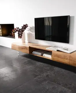 Televízne stolíky DELIFE TV stolík New Live-Edge 240 cm akácia prírodná 4 dvierka 1 priehradka akrylová podstava