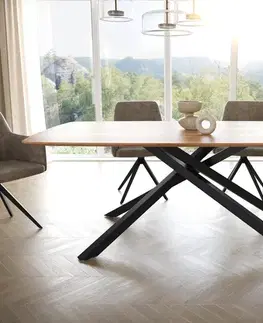 Jedálenské stoly DELIFE Jedálenský stôl Edge zaoblený tvar 200x100 akácia prírodná krížová podstava obdĺžnik čierna švajčiarska hrana