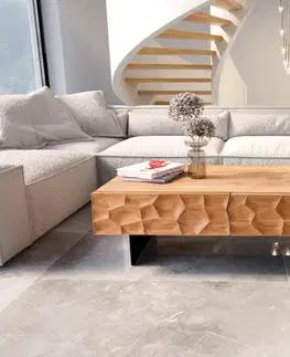 Konferenčné stolíky DELIFE Konferenčný stolík Solu 120x70 cm akácia prírodná 4 zásuvky závesná kovová podstava čierna 3D čelá